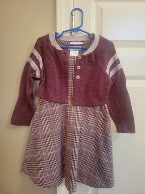 Bonnie Jean Maroon and Cream Plaid Girls Dress with Cardigan Style Top Size 5